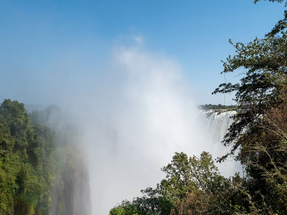 Spray rising from the falls on the Zambia side
