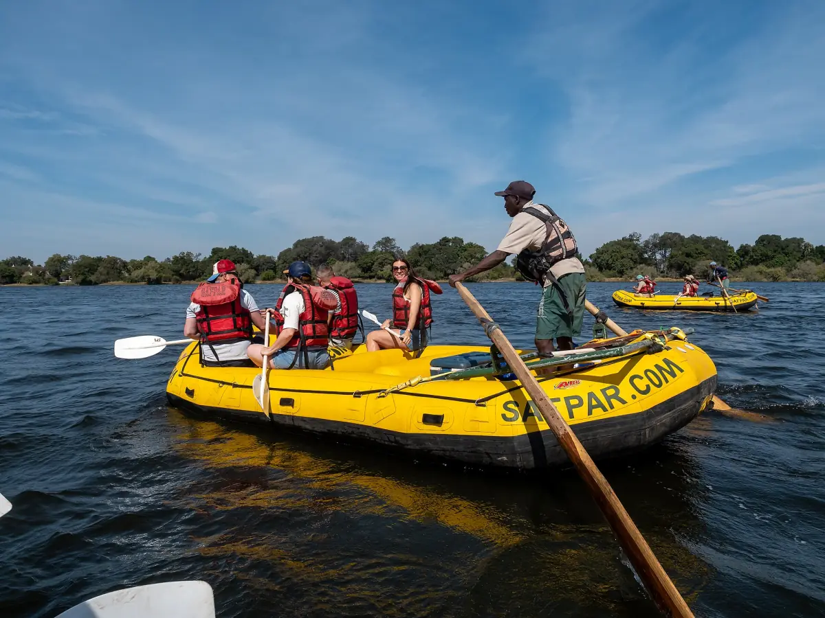 A raft with paddlers on the Zambezi