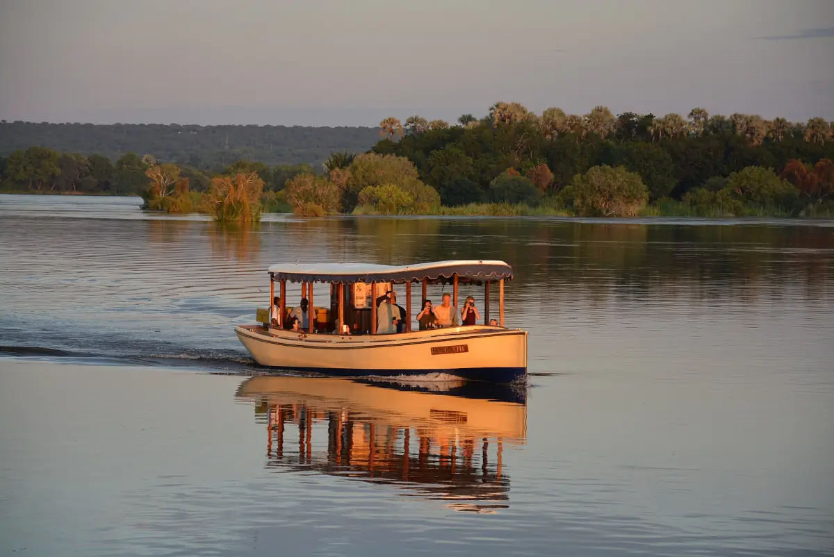 A cruise boat on the Zambezi at sunset